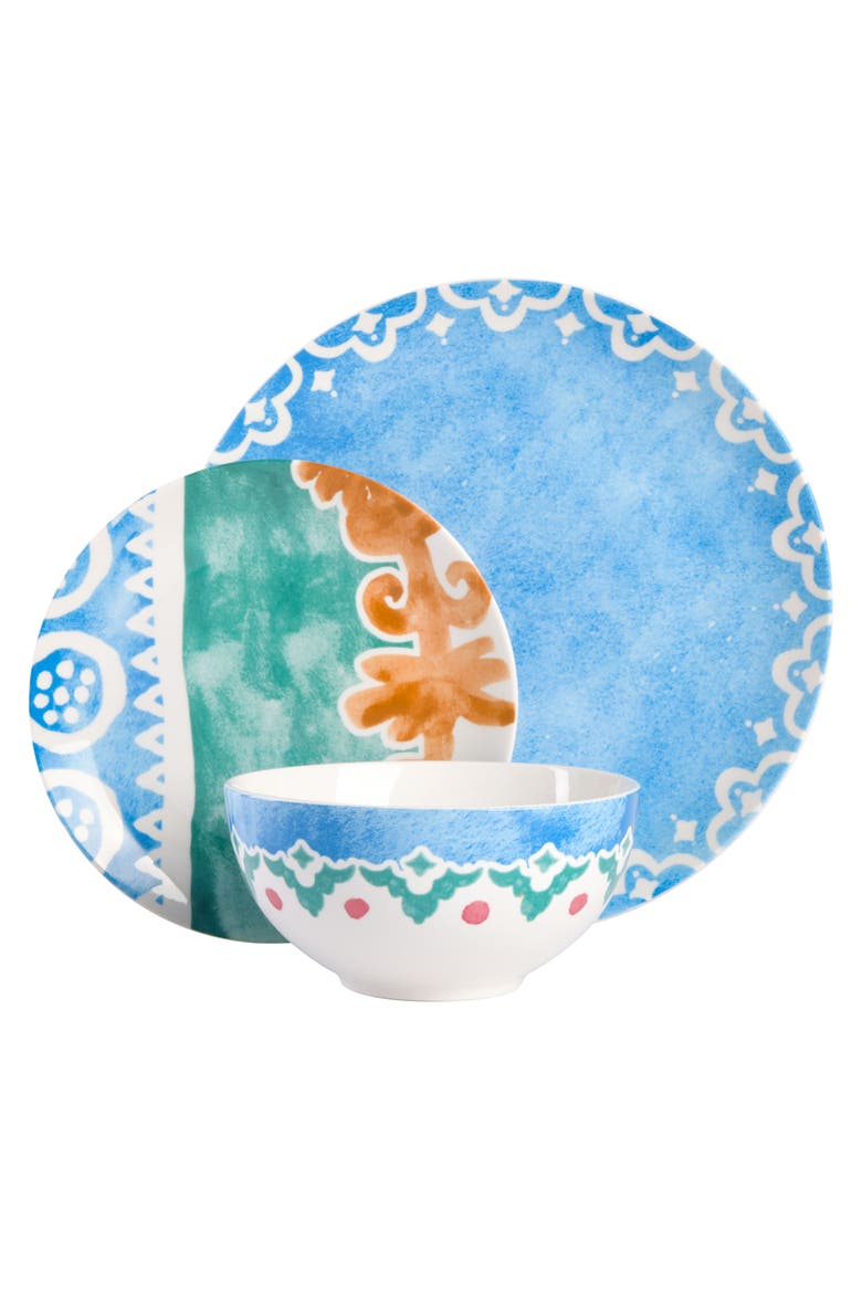 Savory Saffron 18 piece Round Fine Ceramic Dinnerware Set, Alternate, color, Golden Blue