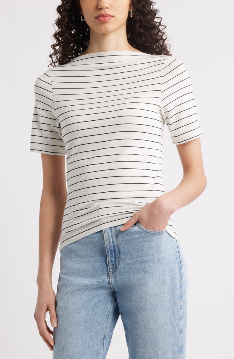 Nordstrom Boat Neck T-Shirt, Main, color, Ivory- Black Cynth Stripe