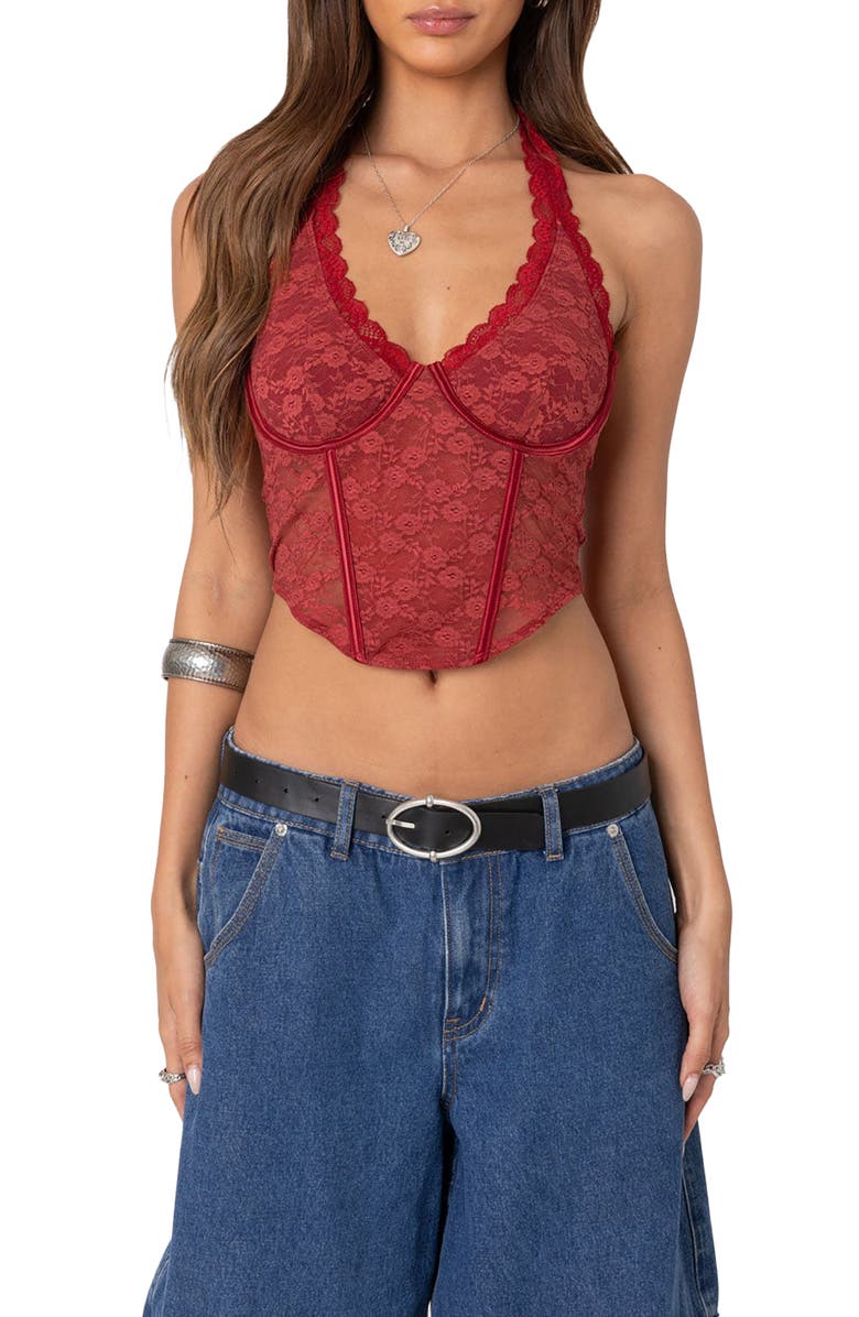 EDIKTED Chica Underwire Lace Crop Halter Top, Alternate, color, 