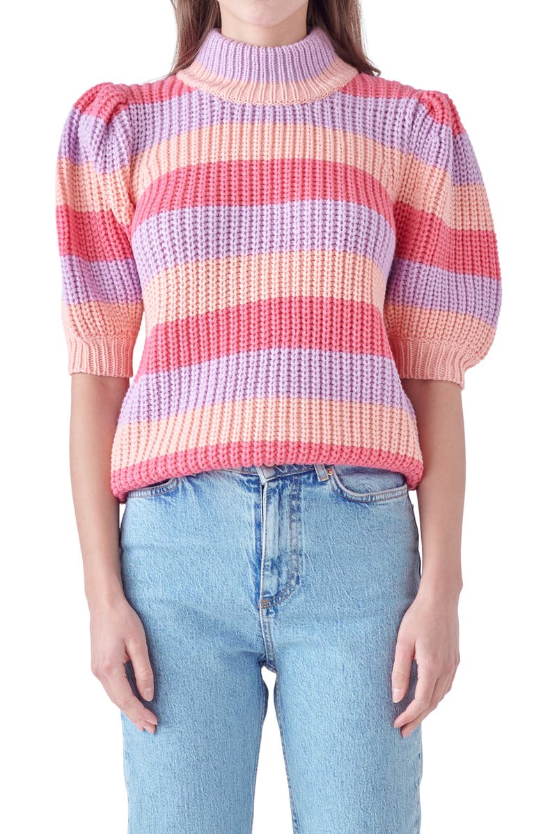 English Factory Stripe Puff Shoulder Mock Neck Sweater, Alternate, color,
