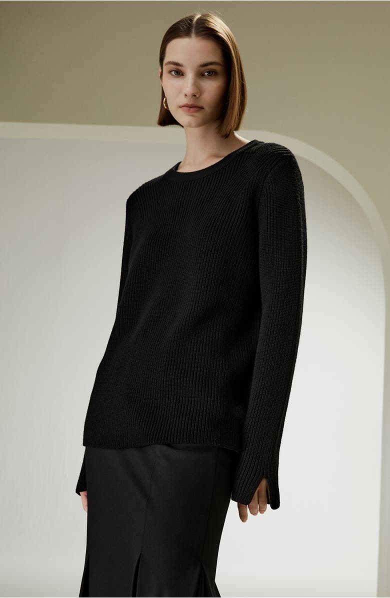 Lilysilk Merino Wool Ribbed Slit Cuff Sweater, Alternate, color, Black