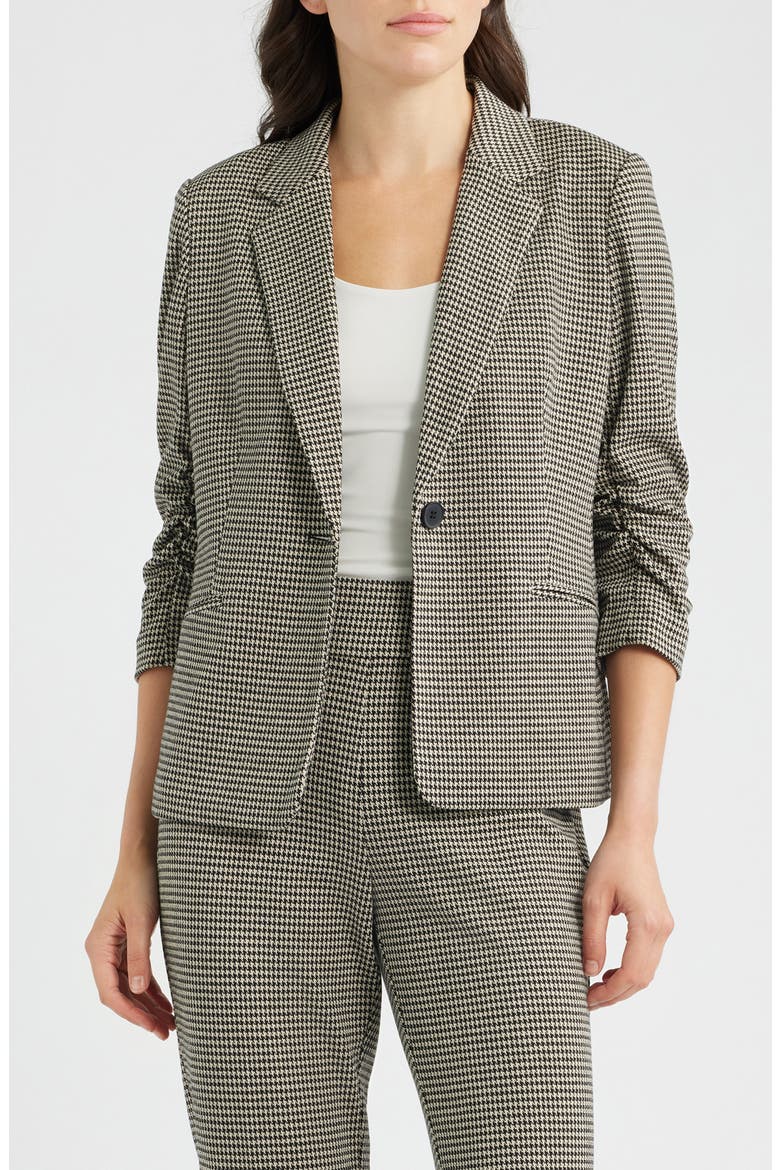 Scrunch Sleeve Houndstooth Blazer, Main, color, ANNE BLACK/ VICUNA
