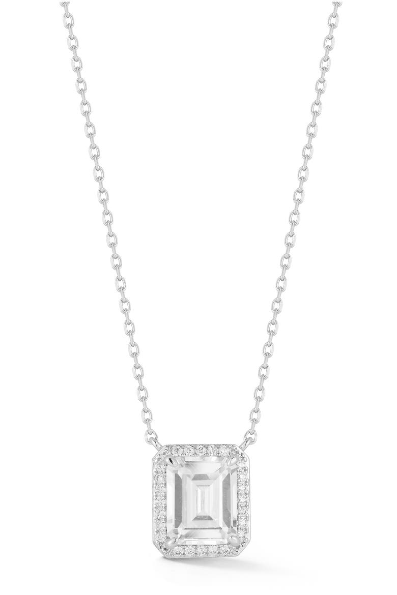 Emerald Cut Cubic Zirconia Halo Pendant Necklace, Main, color, SILVER