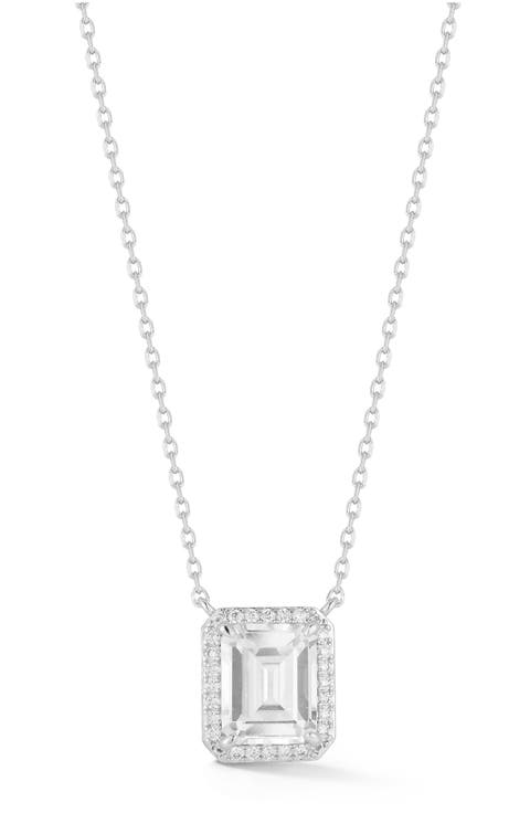 Emerald Cut Cubic Zirconia Halo Pendant Necklace