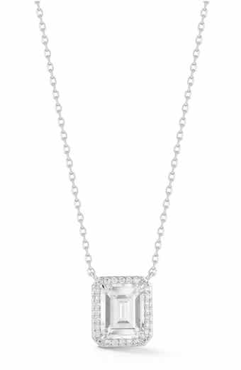Emerald Cut Cubic Zirconia Halo Pendant Necklace