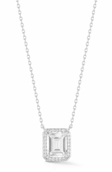 Emerald Cut Cubic Zirconia Halo Pendant Necklace