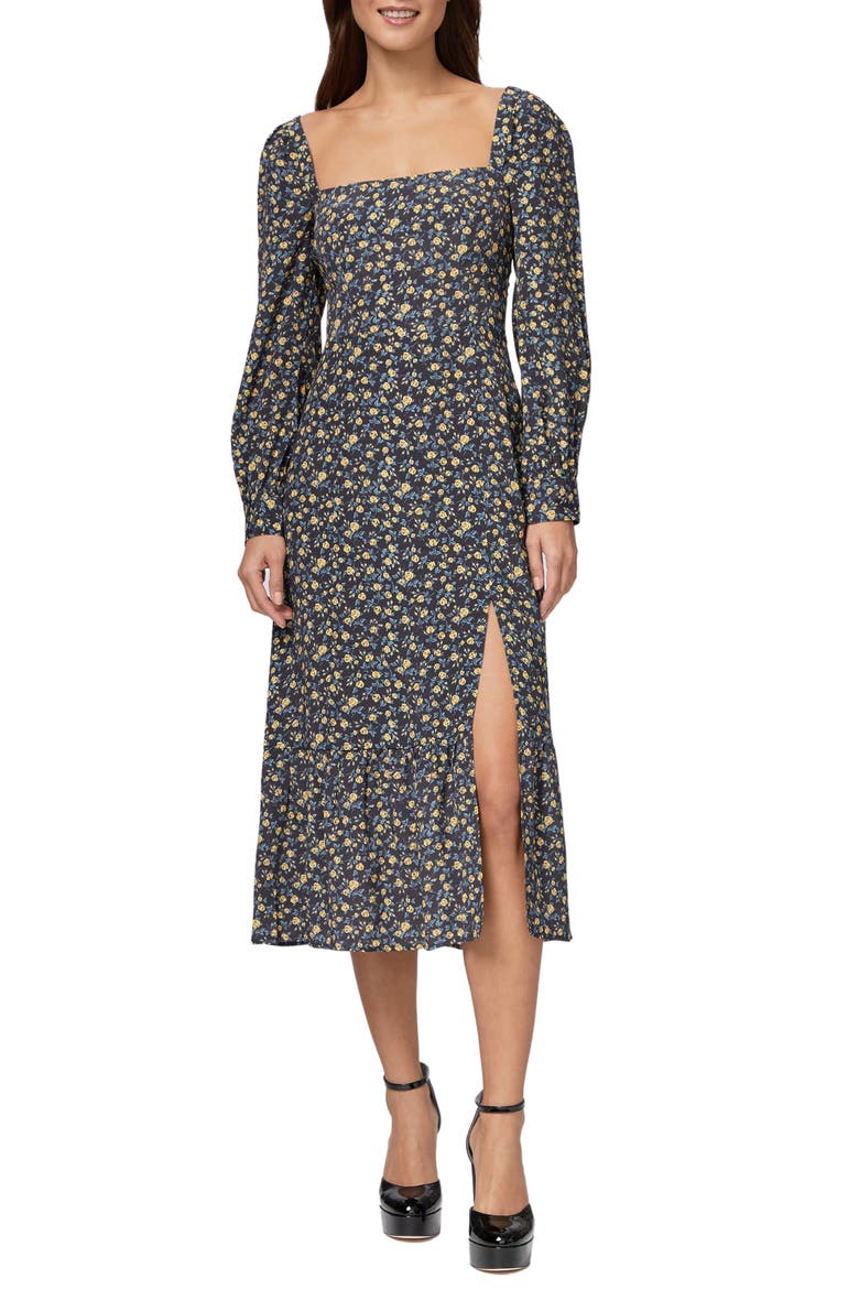 Bacari Square Neck Long Sleeve Midi Dress, Main, color, BLACK MULTI