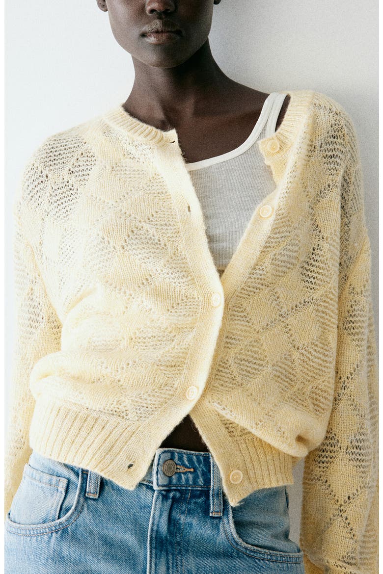 Diamond Openwork Knit Cardigan, Alternate, color, PASTEL YELLOW