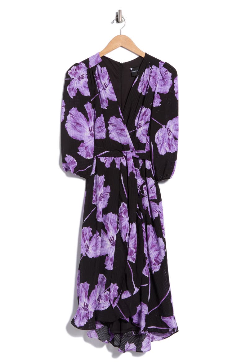 Floral Chiffon Check High-Low Faux Wrap Dress, Main, color, BLACK/ IRIS