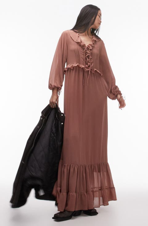 Ruffle Long Sleeve Chiffon Maxi Dress
