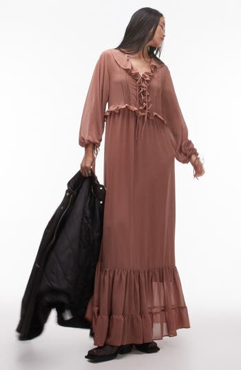 Topshop Ruffle Long Sleeve Chiffon Maxi Dress In Brown