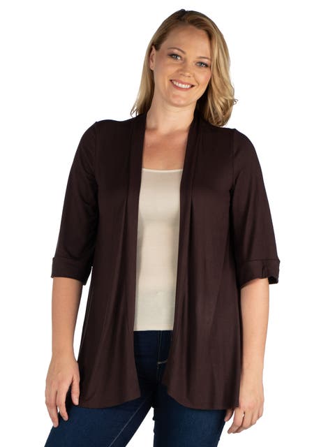 Plus Size Elbow Length Sleeve Open Front Cardigan