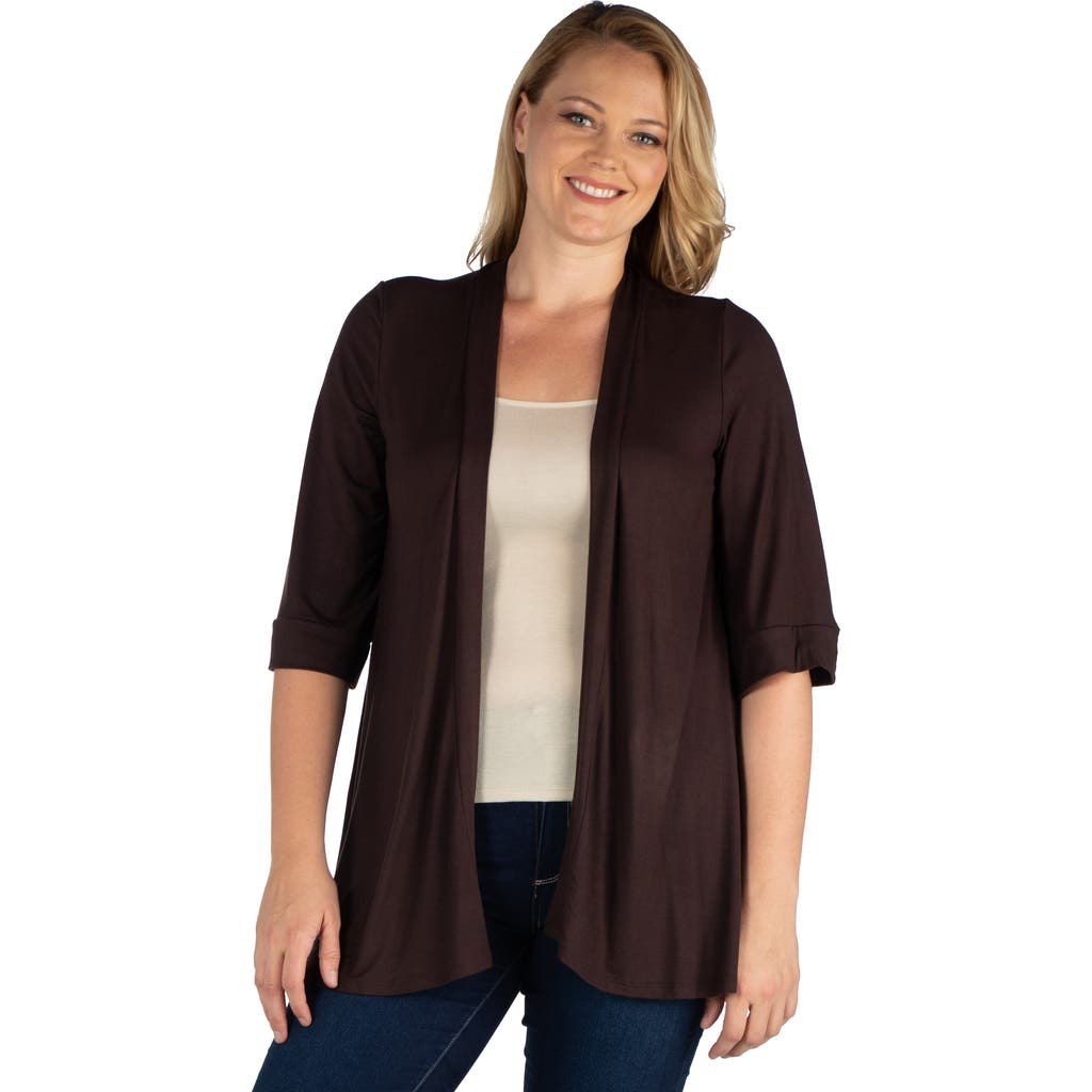 24seven Comfort Apparel Elbow Length Sleeve Open Front Cardigan In Brown