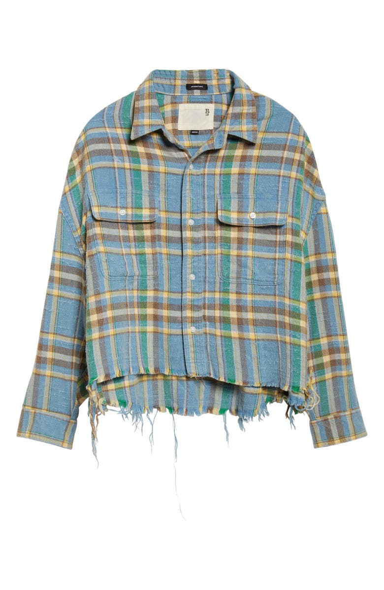 R13 Plaid Fray Hem Crop Button-Up Work Shirt, Alternate, color, Light Blue Plaid