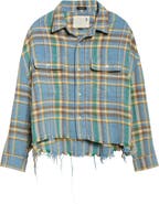 R13 Plaid Fray Hem Crop Button-Up Work Shirt