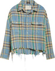 R13 Plaid Fray Hem Crop Button-Up Work Shirt