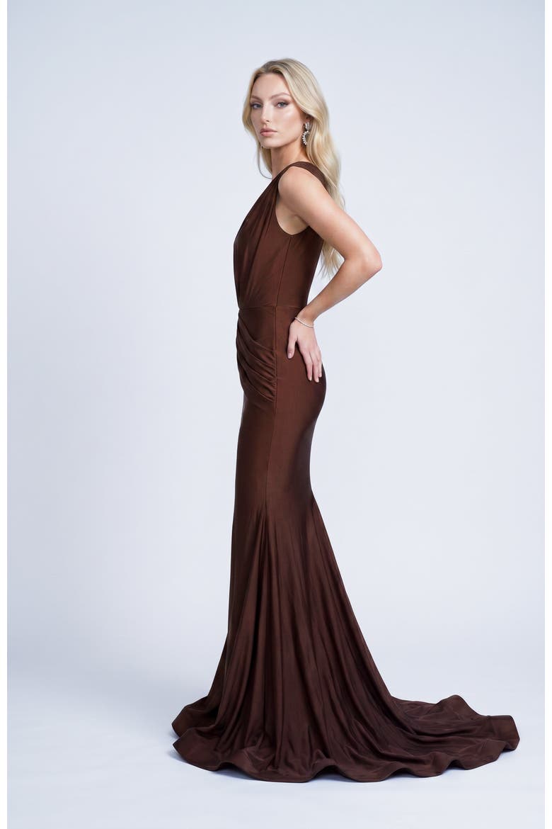 Ruched Plunge Pleated Sleeveless Mermaid Gown, Alternate, color, Brown
