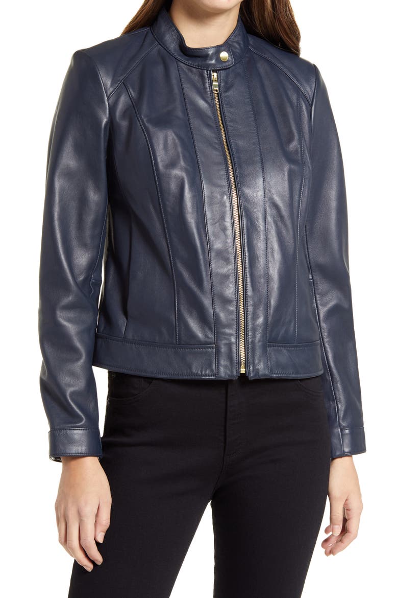 Lambskin Leather Jacket, Alternate, color, NAVY
