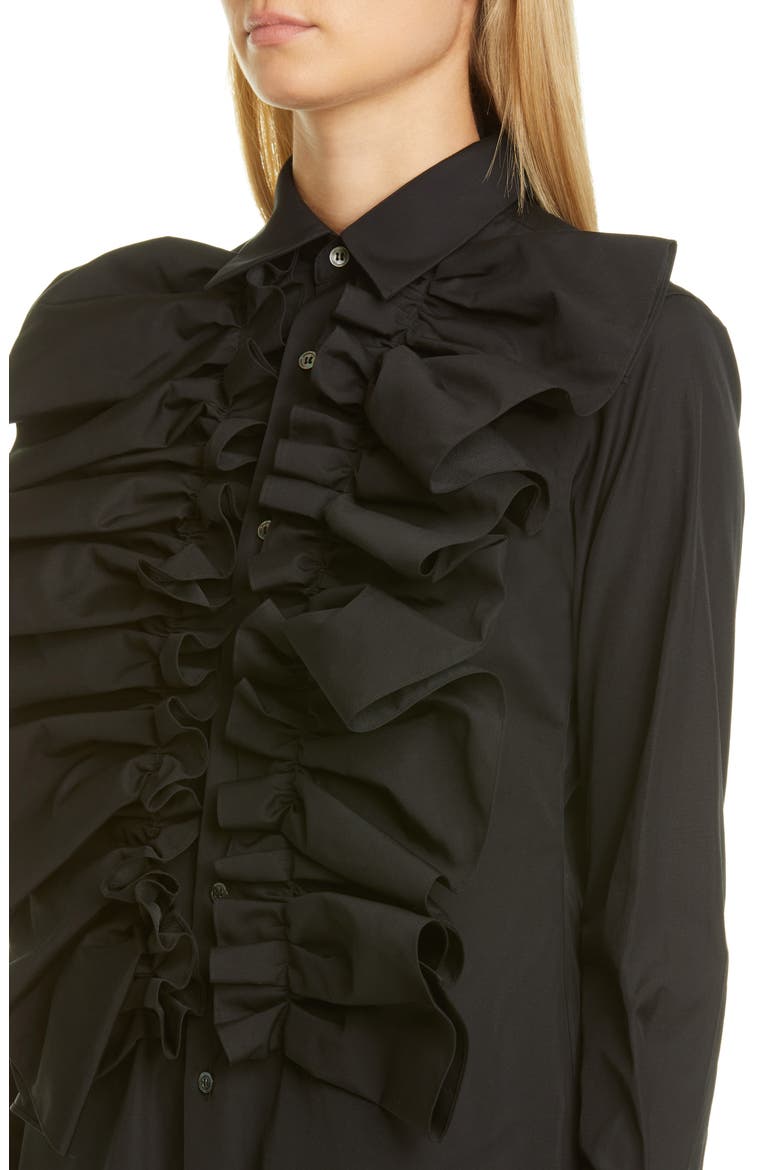 Ruffle Placket Long Cotton Shirt, Alternate, color, BLACK