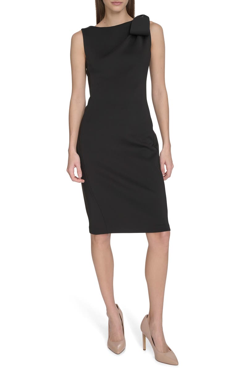 Calvin Klein Side Bow Sleeveless Scuba Knit Sheath Dress, Alternate, color, Black