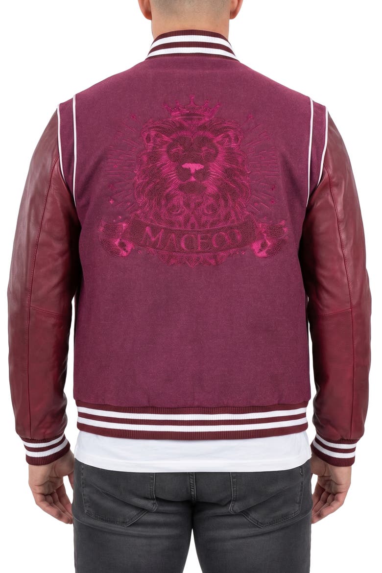 Marthyr Leather Sleeve Varsity Jacket, Alternate, color, RED