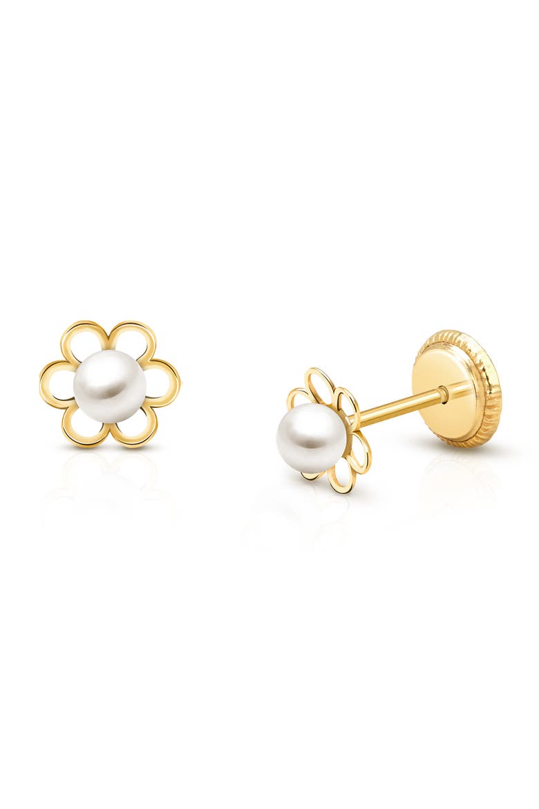 Petals and Pearls Studs Screw Back Earrings, Main, color, 14K Yellow Gold