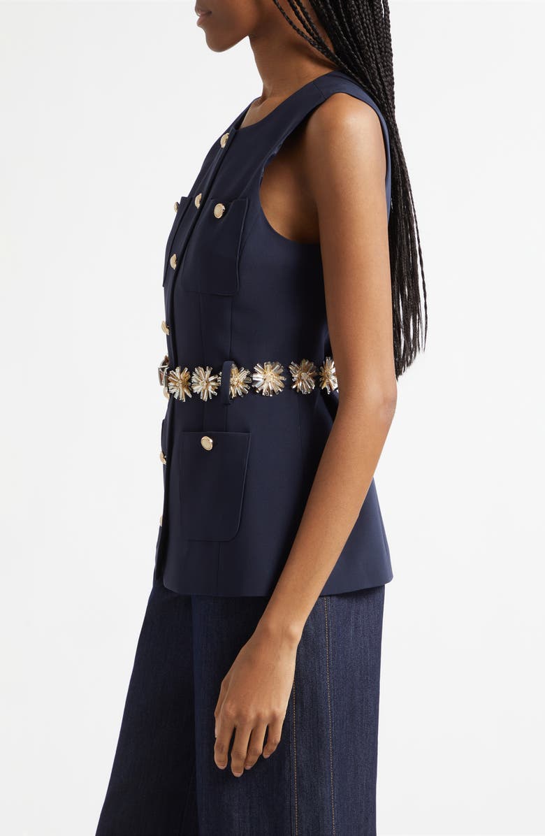 Cinq à Sept Sunflare Belted Kole Vest, Alternate, color, Navy/Champagne