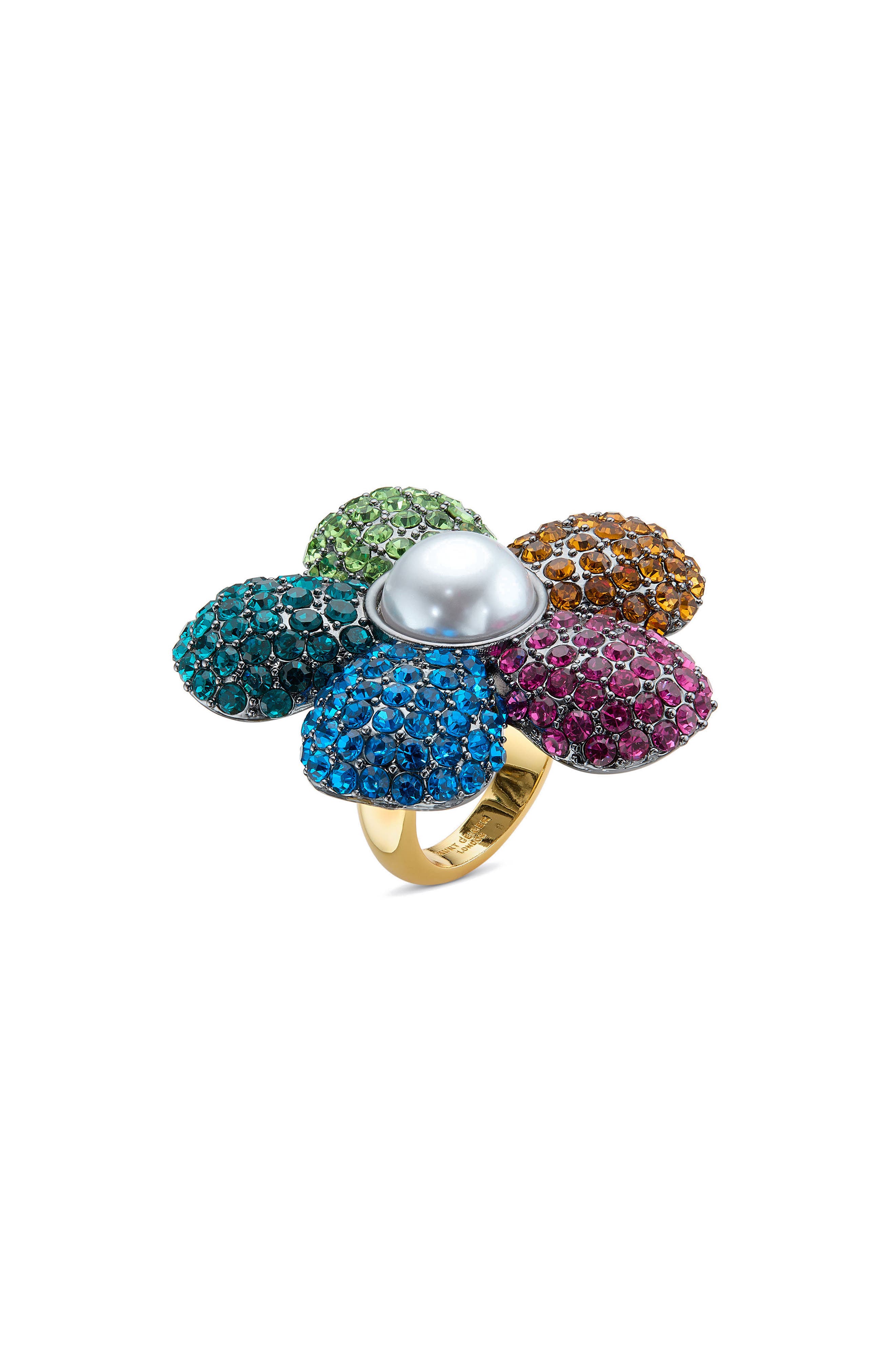 Kurt Geiger London Pavé Crystal & Faux Pearl Flower Cocktail Ring