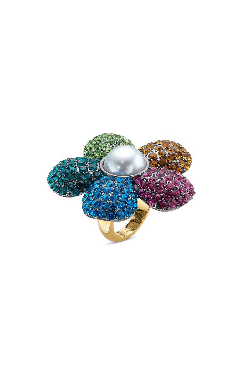 Kurt Geiger London Pavé Crystal & Faux Pearl Flower Cocktail Ring, Main, color, Rainbow Multi