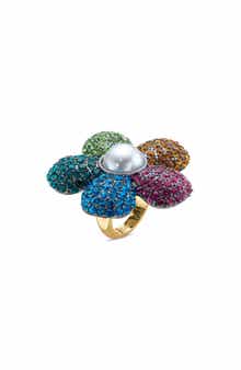 Kurt Geiger London Pavé Crystal & Faux Pearl Flower Cocktail Ring