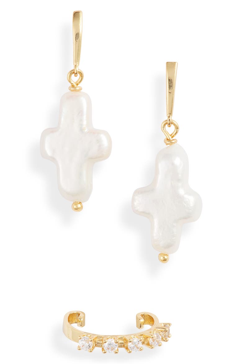 Billlie Valentine Devotion Mother-of-Pearl Cross Drop Earrings & Cubic Zirconia Ear Cuff Set, Main, color, GOLD