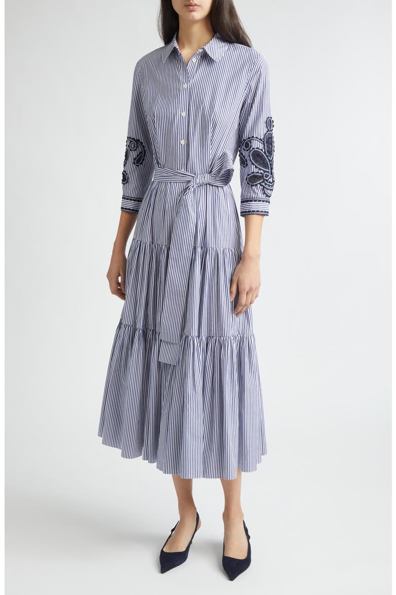 Embroidered Stripe Cotton Shirtdress, Main, color, WHITE/ BLUE