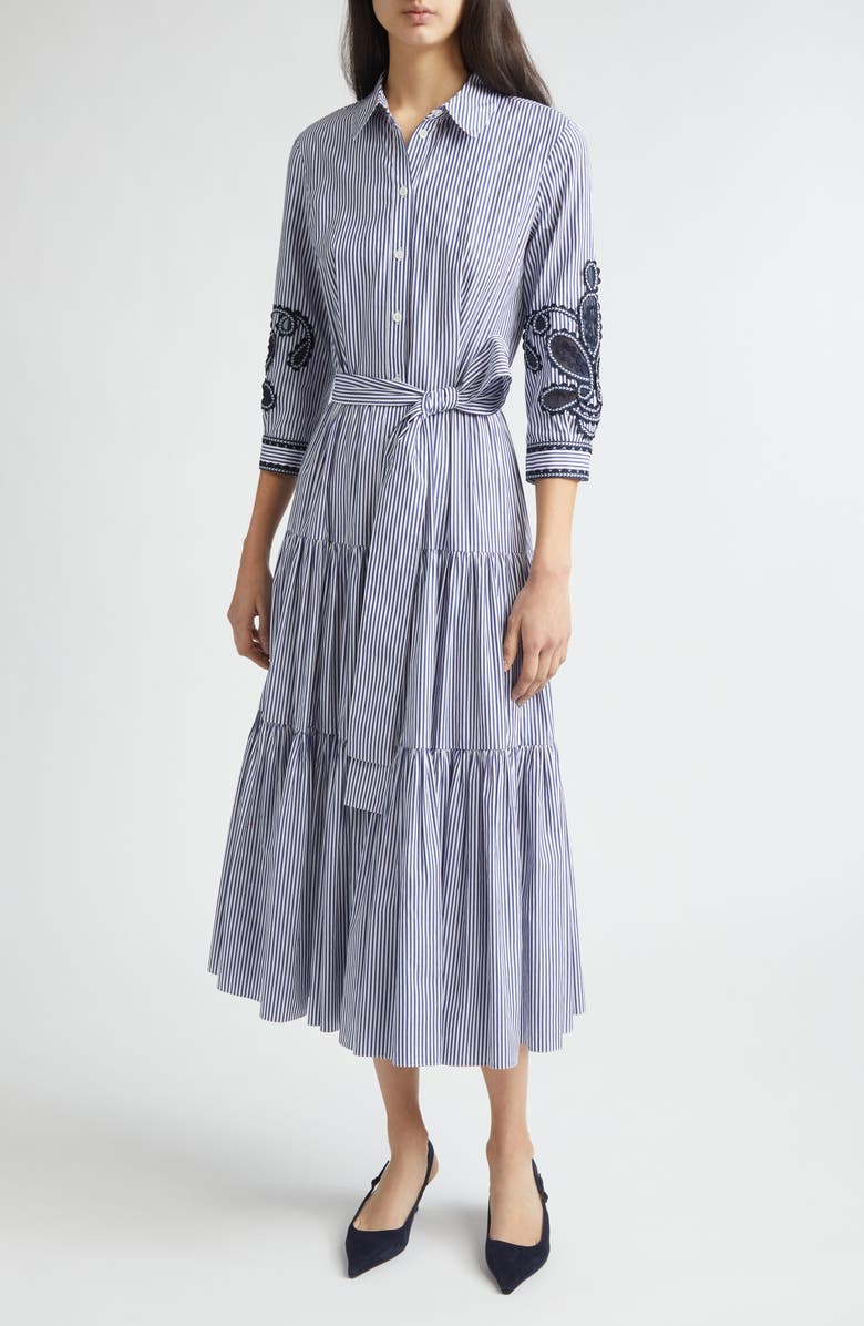 Carolina Herrera Embroidered Stripe Cotton Shirtdress, Main, color, White/ Blue