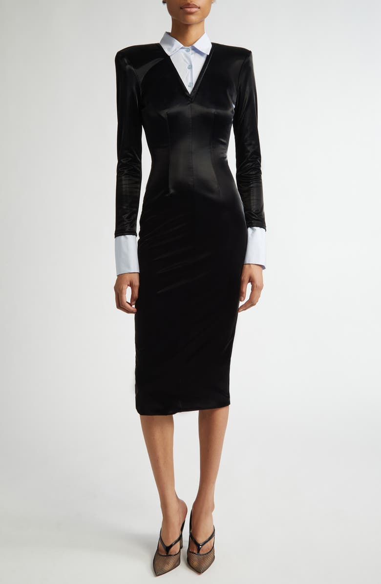 LaQuan Smith Long Sleeve Faux Leather & Poplin Dress, Main, color,