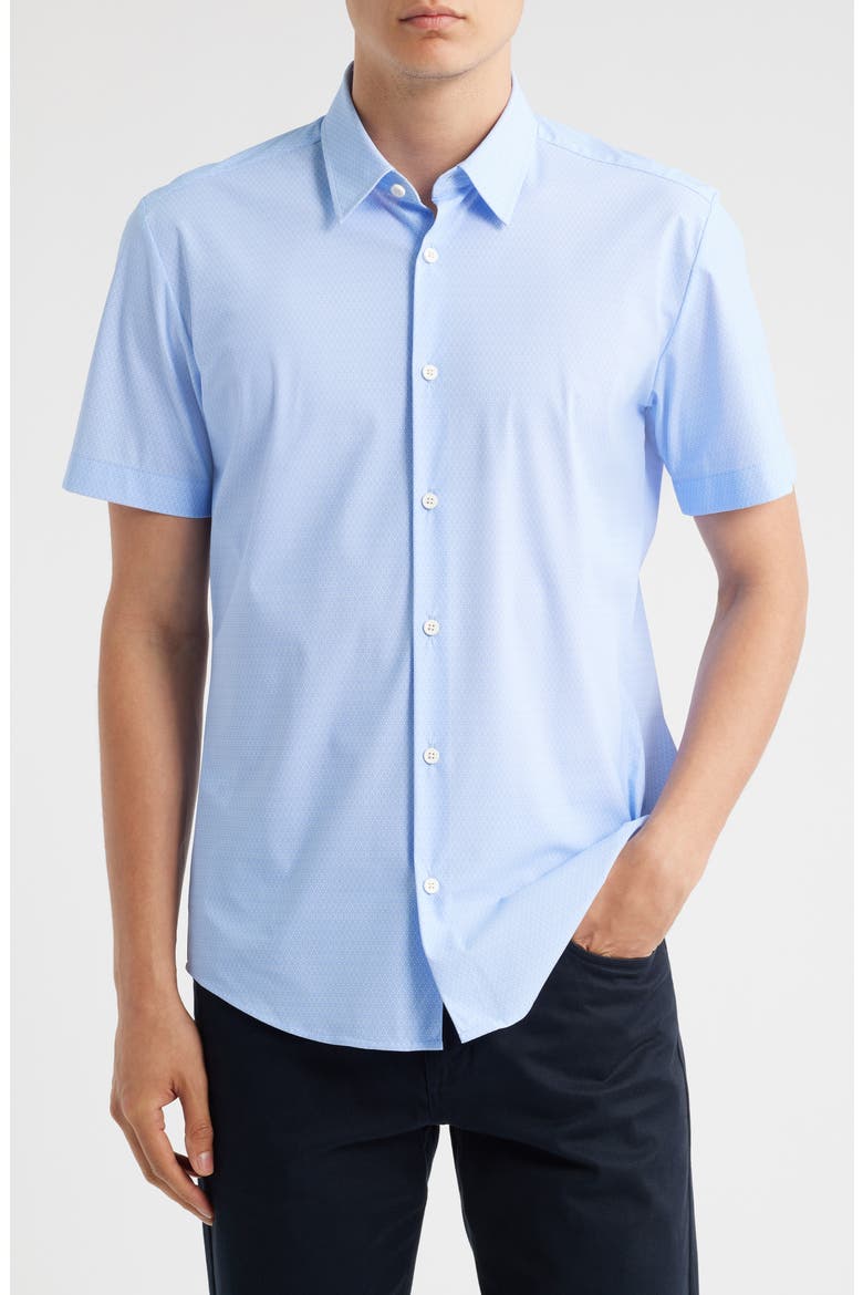 Roan Kent Geo Print Short Sleeve Performance Button-Up Shirt, Main, color, OPEN BLUE