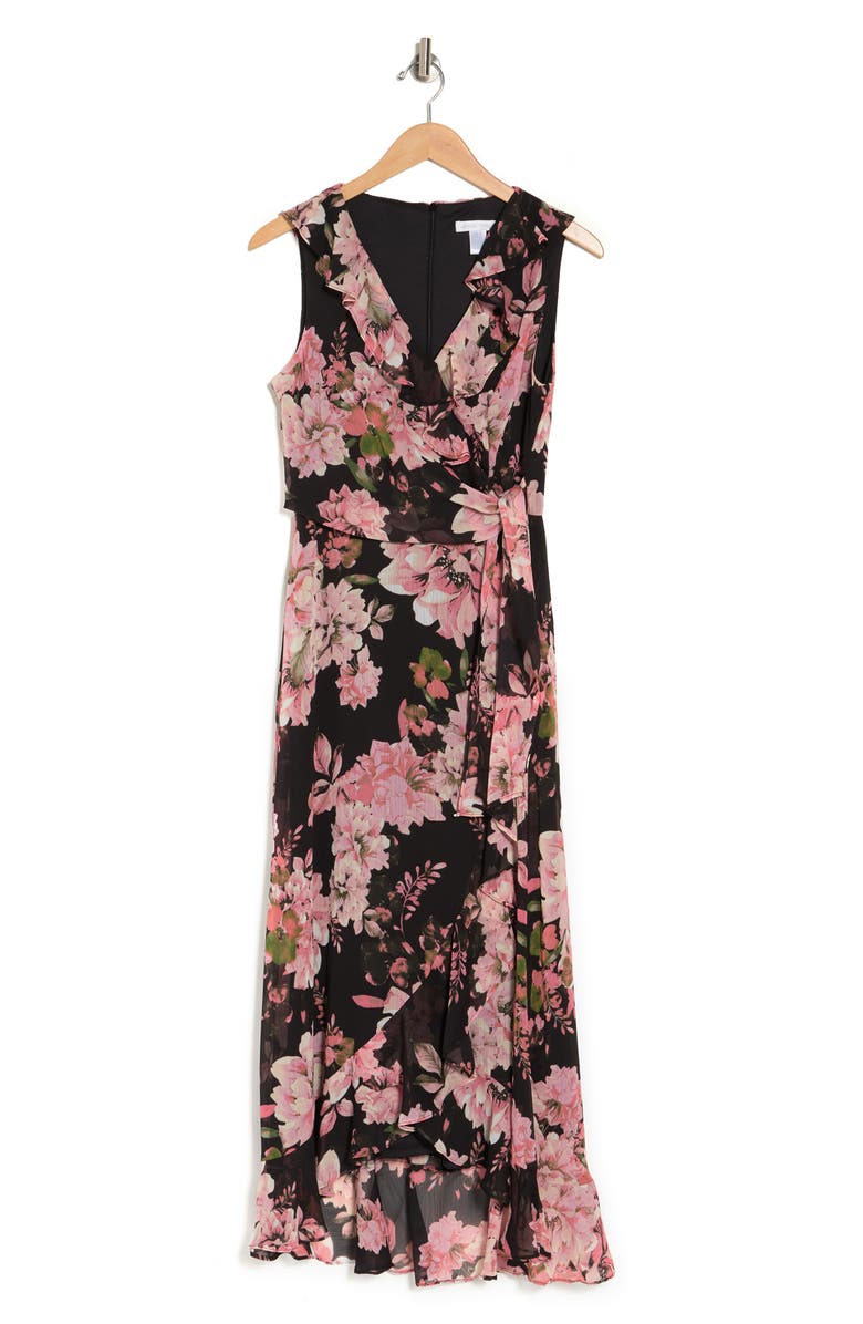 London Times Femme Floral Yoryu Ruffle Hem Dress, Alternate, color, Black