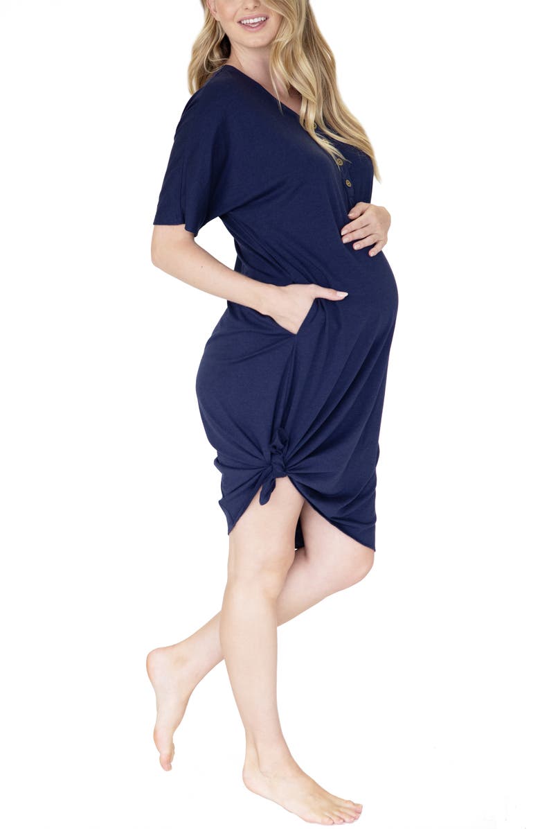 Angel Maternity Mama Hospital Maternity/Nursing Nightgown with Bonus Baby Pouch, Alternate, color, Navy
