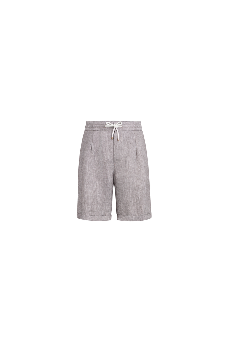 Linen and hemp diagonal Bermuda shorts with drawstring and double pleats, Alternate, color, Light Brown
