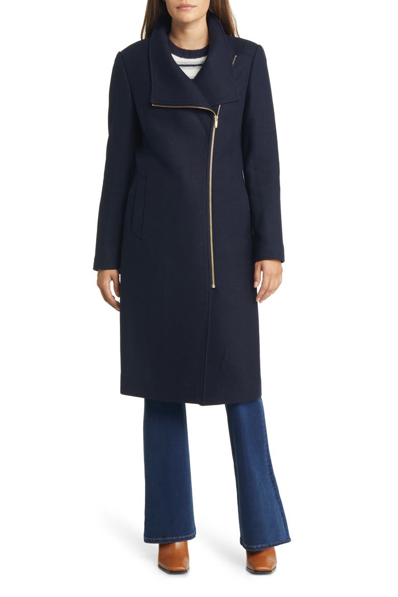 Women's Asymmetric Zip Fine Twill Wool Blend Coat, Alternate, color, NAVY