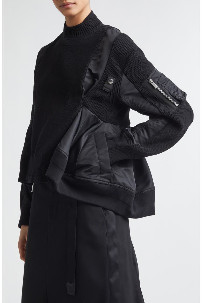Mixed Media Bomber Jacket with Sweater Bib Overlay, Alternate, color, BLACK