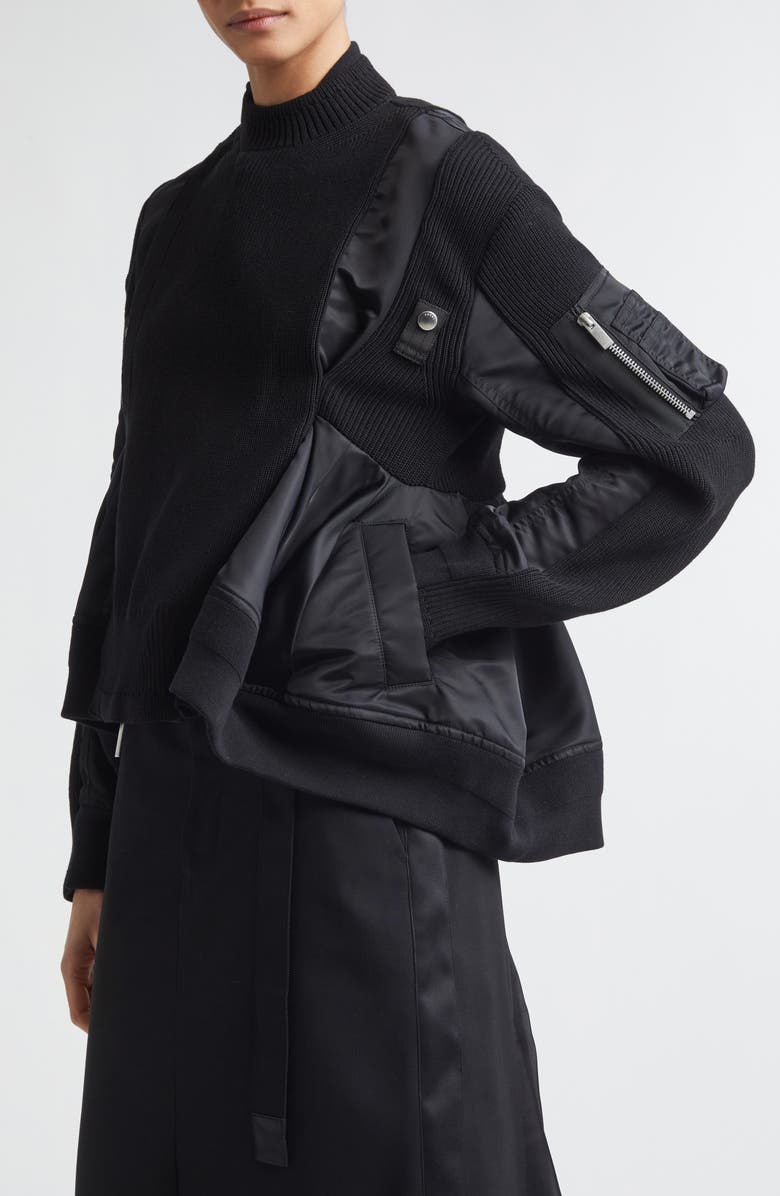 Sacai Mixed Media Bomber Jacket with Sweater Bib Overlay, Alternate, color, Black