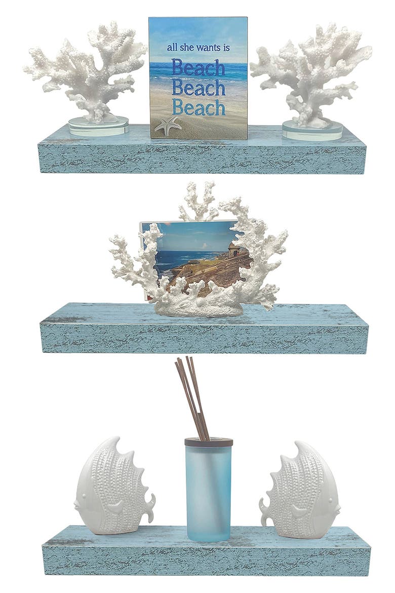 Set of 3 Rustic Wood Floating Shelf, Alternate, color, VINTAGE BLUE