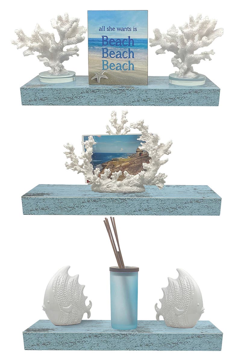 SORBUS Set of 3 Rustic Wood Floating Shelf, Alternate, color, Vintage Blue