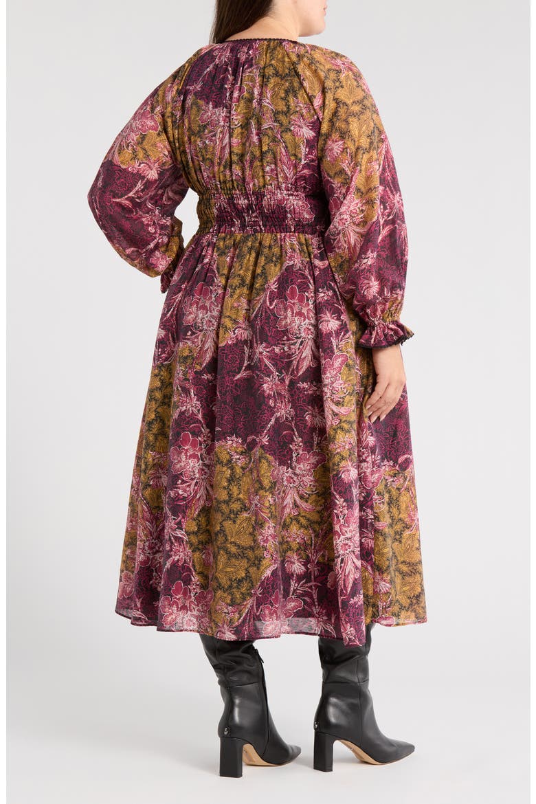 Long Sleeve Smocked Bodice Midi Dress, Alternate, color, PURPLE- YELLOW PAISLEY PATCH