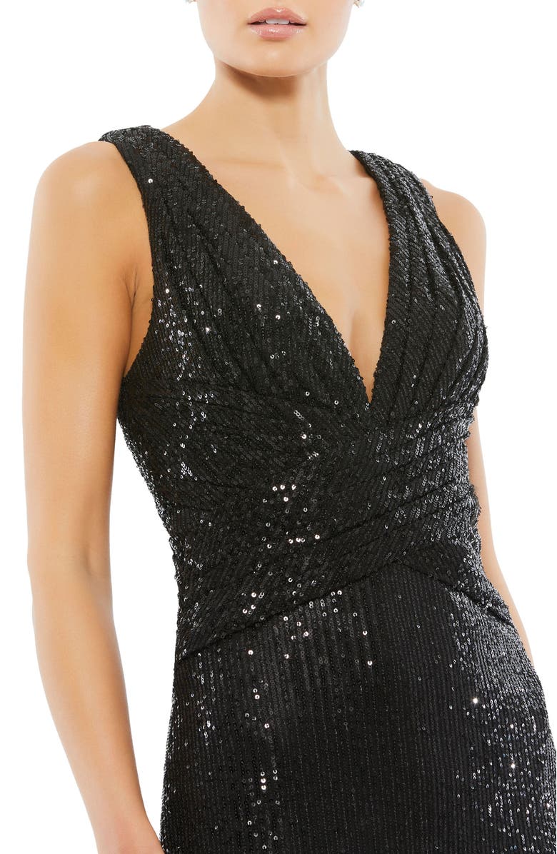 Mac Duggal V-Neck Sequin Wrap Waist Gown, Alternate, color, Black
