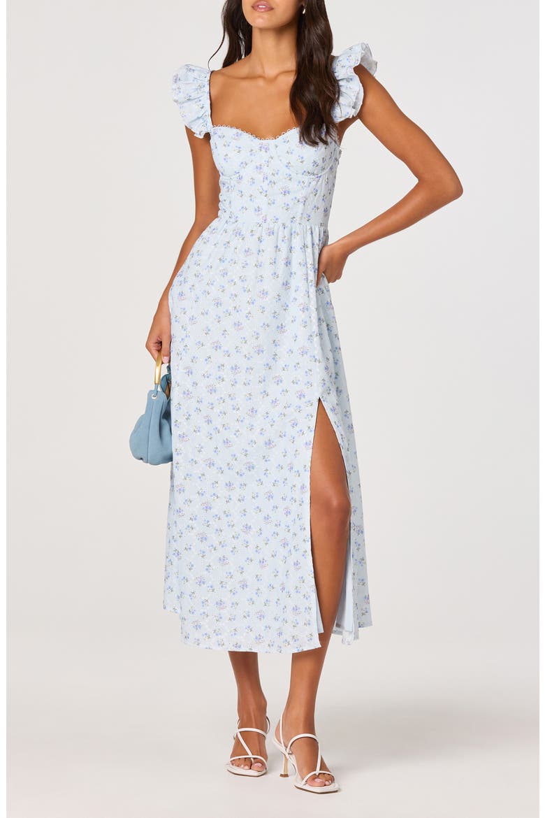 Wedelia Floral Print Ruffle Strap Midi Dress, Main, color, BLUE FLORAL
