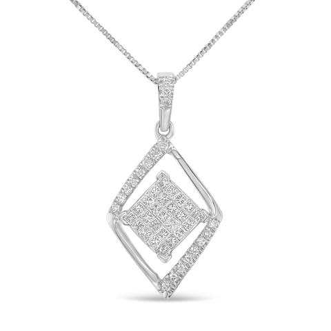 10k White Gold 1/3 Cttw Diamond Double Triangle 18" Pendant Necklace