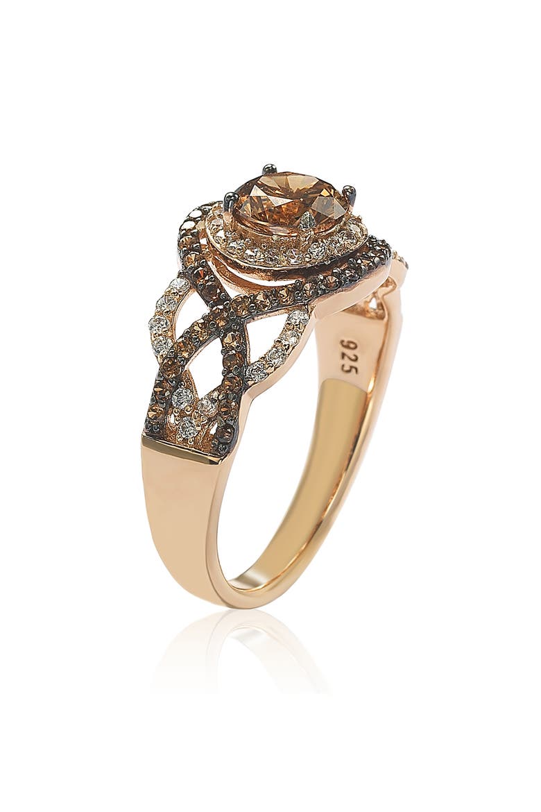 Rose-Tone Sterling Silver Brown & White CZ Crossover Bridal Ring, Alternate, color, ROSE BROWN