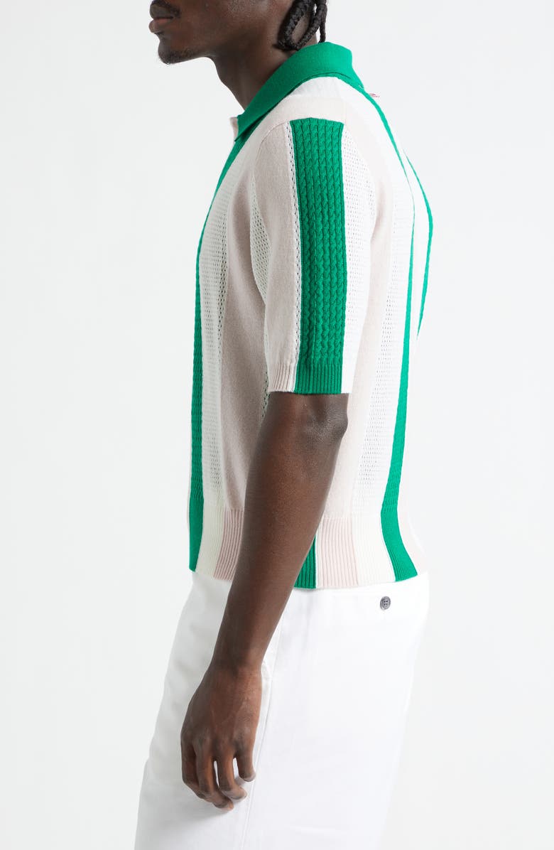 Thom Browne Shadow Stripe Mixed Stitch Short Sleeve Cashmere Polo Sweater, Alternate, color, Light Pink