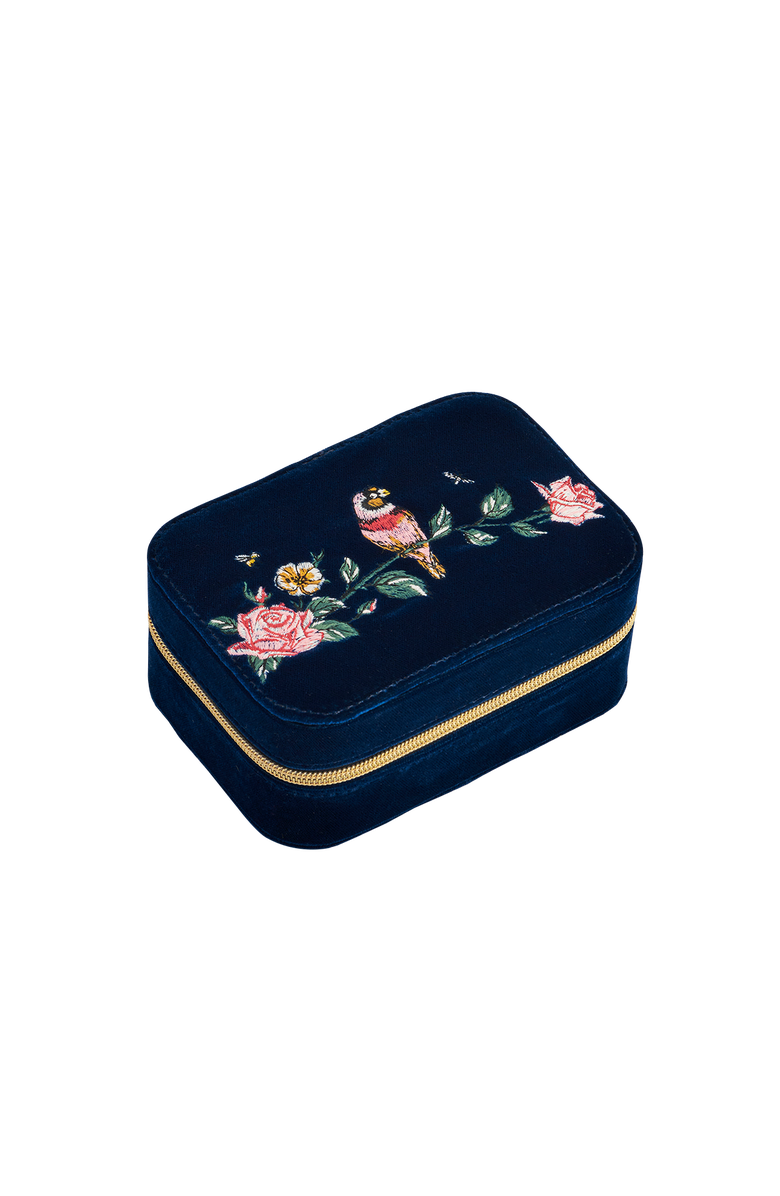 Fable England Rosy Posy Embroidered Blue Large Jewellery Box, Main, color, Navy